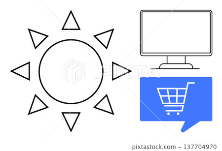 Online shopping, digital commerce, technology, retail marketplaces, modern communication, sustainability. Minimal design features a sun, computer and shopping cart. Online shopping and digital 137704970