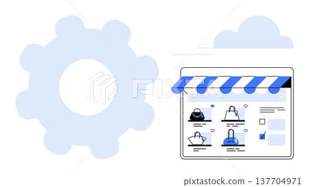 E-commerce, online stores, technology processes, digital transactions, business solutions, product showcase. A storefront interface with product icons and a gear symbol. E-commerce and online stores E-commerce, online stores, technology processes, digital transactions, business solutions, product showcase. A storefront interface with product icons and a gear symbol. E-commerce and online stores 137704971