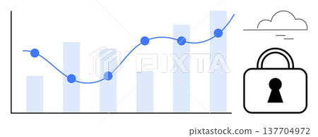 Cybersecurity, data protection, cloud storage, analytics, performance monitoring, growth tracking. Graph with rising trend line and padlock. Cybersecurity and data protection concept 137704972