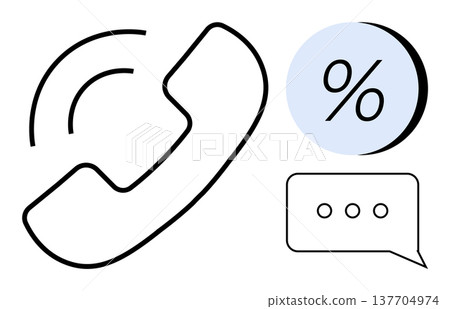 Customer support, business communication, sales, mobile services, contact solutions, marketing improvement. Phone receiver, percentage symbol chat dialog box. Customer support and business 137704974