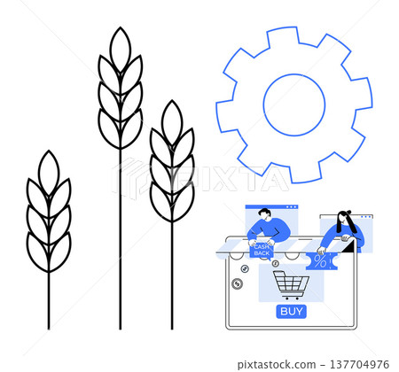 Agriculture innovation, e-commerce, online shopping, sustainability, cashback, digital transactions. Illustration of wheat stalks, shopping cart cashback and cogwheel. Agriculture innovation 137704976