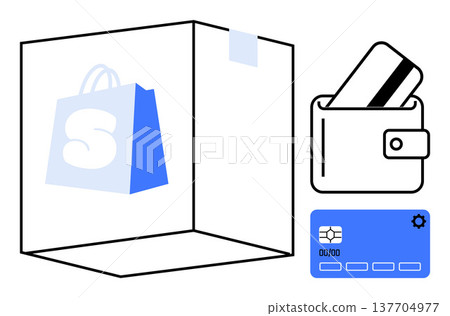 E-commerce, digital payments, online shopping, modern retail, consumer convenience, contactless transactions. Image shows a box, wallet and credit card icons. Online shopping and digital payments 137704977