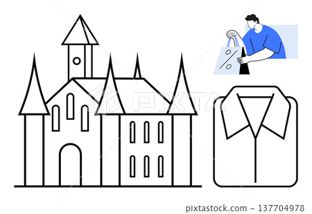 Travel, retail shopping, tourism, architecture, clothing design, consumer behavior. Drawing features a castle, a folded shirt and a man holding shopping bags. Tourism and retail shopping concept 137704978