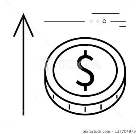 Economic growth, investment opportunities, financial success, currency value, business profits, and wealth building. A dollar coin alongside an upward arrow growth. Economic growth and investment 137704979