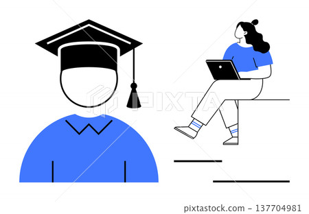 Online learning, graduation, e-learning platforms, digital education, knowledge sharing, academic goals. Graduate icon beside student working on laptop. Online learning and graduation Online learning, graduation, e-learning platforms, digital education, knowledge sharing, academic goals. Graduate icon beside student working on laptop. Online learning and graduation 137704981