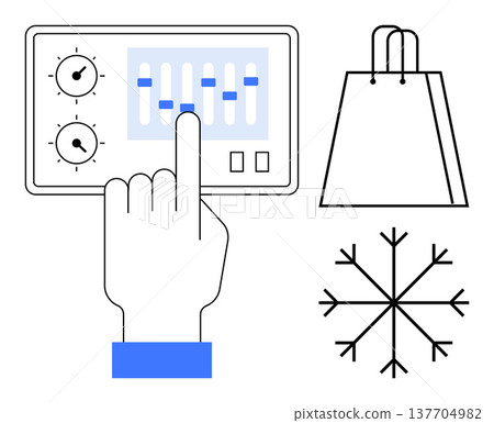 Smart technology, e-commerce, climate control, winter sales, interface customization, consumer habits. Hand adjusting dashboard controls, shopping bag snowflake icon. Smart technology and e-commerce 137704982