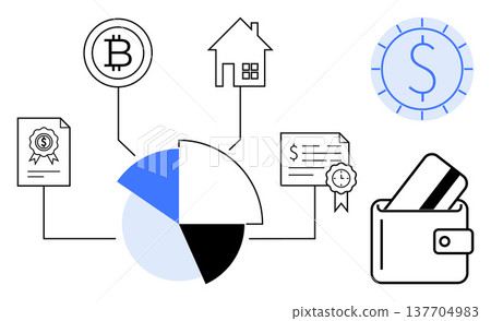 Financial technology, asset management, cryptocurrency, blockchain, digital wallets, financial planning. Diagram pie chart, Bitcoin house digital wallet and documents. Cryptocurrency and asset Financial technology, asset management, cryptocurrency, blockchain, digital wallets, financial planning. Diagram pie chart, Bitcoin house digital wallet and documents. Cryptocurrency and asset 137704983