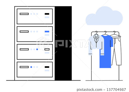 Cloud computing, fashion technology, digital storage, data organization, wardrobe management, online services. Server rack next to hanging clothes and a cloud icon. Cloud computing and fashion 137704987