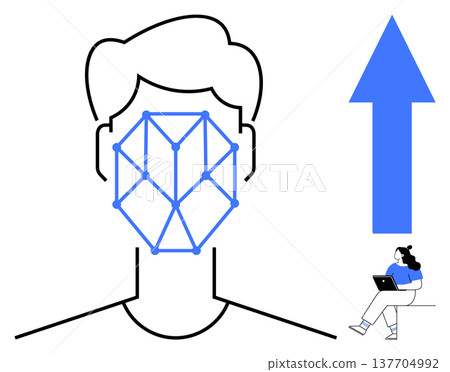 Technology, AI, remote work, surveillance, growth, network advancement. Stylized wireframe facial recognition geometry and upward arrow. Technology and AI innovation concept 137704992
