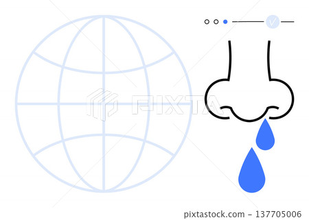 Health awareness, allergies, global impact, environmental issues, air quality, medical research. A nose dripping water beside a globe. Health awareness and allergies concept for global health 137705006