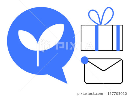 Sustainability, communication, gift sharing, eco-lifestyle, digital correspondence, environmental awareness. Blue speech bubble with leaf symbol, gift box and envelope. Sustainability Sustainability, communication, gift sharing, eco-lifestyle, digital correspondence, environmental awareness. Blue speech bubble with leaf symbol, gift box and envelope. Sustainability 137705010