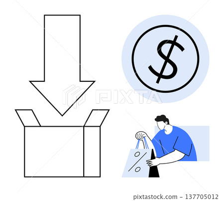 E-commerce, online shopping, retail sales, shipping services, promotions, consumer behavior. Open box with arrow, dollar sign in circle and person holding a shopping bag. E-commerce and online E-commerce, online shopping, retail sales, shipping services, promotions, consumer behavior. Open box with arrow, dollar sign in circle and person holding a shopping bag. E-commerce and online 137705012