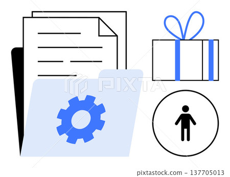 Business organization, digital storage, user management, data sharing, system settings, personalization. ion of a folder with files, a gear a gift box and a user icon. Business organization Business organization, digital storage, user management, data sharing, system settings, personalization. ion of a folder with files, a gear a gift box and a user icon. Business organization 137705013