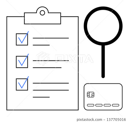 Evaluation processes, task management, identity verification, financial security, fraud detection, business organization. Clipboard with checklist, magnifying glass credit card. Identity Evaluation processes, task management, identity verification, financial security, fraud detection, business organization. Clipboard with checklist, magnifying glass credit card. Identity 137705016
