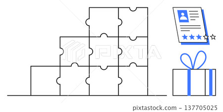 Team building, recruitment, employee retention, feedback rating, service evaluation, reward system. Stacked puzzle blocks, document with ratings gift box tied with ribbon. Teamwork and recruitment Team building, recruitment, employee retention, feedback rating, service evaluation, reward system. Stacked puzzle blocks, document with ratings gift box tied with ribbon. Teamwork and recruitment 137705025