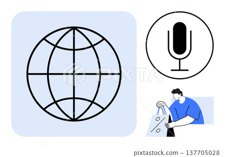 E-commerce, global communication, voice control, online shopping, technology trends, digital interactions. A globe, microphone and person with shopping bags. Global communication and e-commerce 137705028
