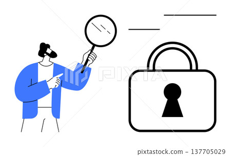 Data protection, cybersecurity, privacy awareness, secure access, threat analysis, identity verification. Person holding a magnifying glass near a padlock. Data protection and cybersecurity theme Data protection, cybersecurity, privacy awareness, secure access, threat analysis, identity verification. Person holding a magnifying glass near a padlock. Data protection and cybersecurity theme 137705029