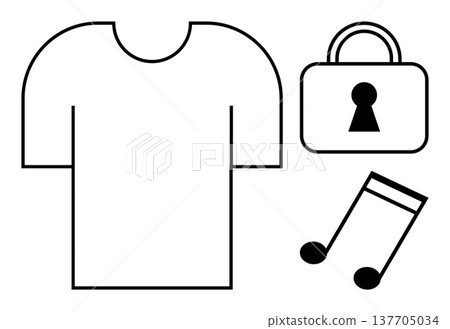 Fashion design, cybersecurity, music streaming, retail branding, privacy, personal expression. Minimal icons a T-shirt, a padlock and a musical note. Fashion design and cybersecurity Fashion design, cybersecurity, music streaming, retail branding, privacy, personal expression. Minimal icons a T-shirt, a padlock and a musical note. Fashion design and cybersecurity 137705034