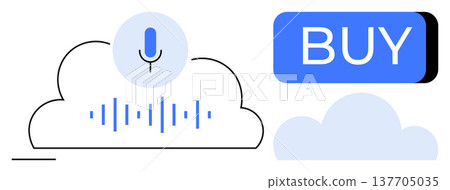 Voice recognition, e-commerce, cloud computing, digital services, online transactions, artificial intelligence. Microphone icon with soundwaves inside a cloud and a blue buy button. Voice recognition 137705035