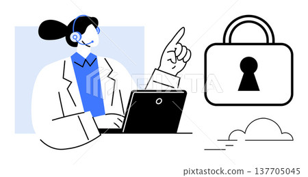 Online safety, secure communication, data privacy, cybersecurity, tech support, digital transformation. Professional on headset pointing at lock. Online safety and secure communication concept Online safety, secure communication, data privacy, cybersecurity, tech support, digital transformation. Professional on headset pointing at lock. Online safety and secure communication concept 137705045