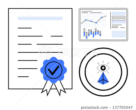 Digital identity, business certification, data analytics, corporate growth, vision strategy, compliance. Certificate with seal, analytics dashboard eye and pyramid symbols. Certification and data 137705047