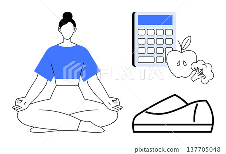 Wellness, healthy living, mindfulness, nutrition, fitness planning, lifestyle balance. Woman meditating, food items calculator and sneaker. Mindfulness and nutrition concepts 137705048