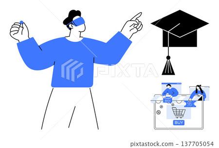 Online education, e-commerce, virtual learning, immersive experiences, digital innovation, technology trends. Person wearing VR headset points toward graduation cap and shopping cart. Online Online education, e-commerce, virtual learning, immersive experiences, digital innovation, technology trends. Person wearing VR headset points toward graduation cap and shopping cart. Online 137705054