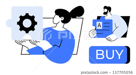 E-commerce, innovation, business strategy, online shopping, technology, user interaction. Woman holding gear puzzle, man with document and buy button. E-commerce and technology E-commerce, innovation, business strategy, online shopping, technology, user interaction. Woman holding gear puzzle, man with document and buy button. E-commerce and technology 137705056