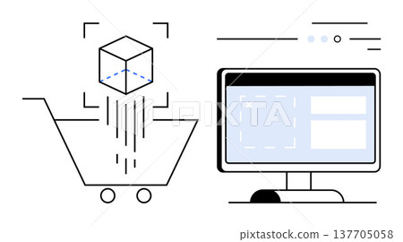 E-commerce, online shopping, digital retail, website development, product logistics, digital marketing. Shopping cart receiving a cube beside a computer screen. E-commerce and online shopping concept E-commerce, online shopping, digital retail, website development, product logistics, digital marketing. Shopping cart receiving a cube beside a computer screen. E-commerce and online shopping concept 137705058