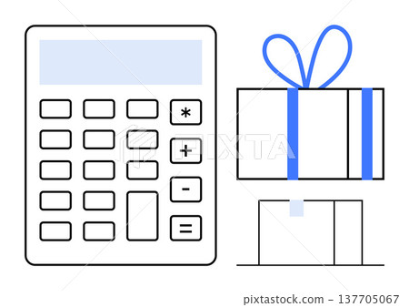 Budgeting, gifting, financial planning, holiday expenses, cost tracking, digital purchases. A calculator next to a gift box with a bow. Budgeting and gifting concept for financial planning 137705067