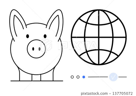 Finance, saving money, global economy, digital transactions, budgeting, online banking. A piggy bank next to a globe icon and interface elements. Finance and global economy 137705072