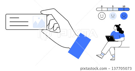 Identity verification, user feedback, evaluation, online survey, remote work, digital identity. Hand holding an ID card, woman with a laptop and a feedback scale. Identity verification and user 137705073