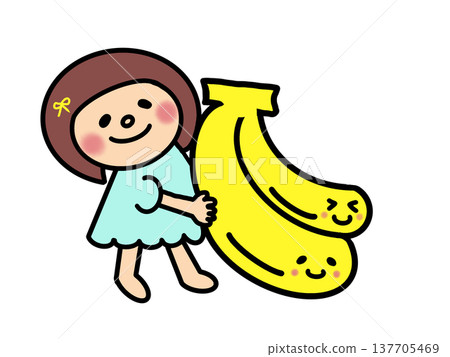 一個留著波波頭的可愛女孩拿著一根大香蕉。 137705469