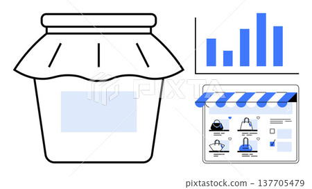 Online shopping, retail business, e-commerce trends, digital sales, data analytics, product marketing. Jar illustration, bar chart online storefront interface. E-commerce trends and retail business 137705479