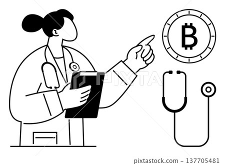 Healthcare, cryptocurrency, blockchain solutions, digital transformation, fintech in medicine, future healthcare payments. A doctor holding a clipboard pointing to a Bitcoin symbol. Healthcare Healthcare, cryptocurrency, blockchain solutions, digital transformation, fintech in medicine, future healthcare payments. A doctor holding a clipboard pointing to a Bitcoin symbol. Healthcare 137705481