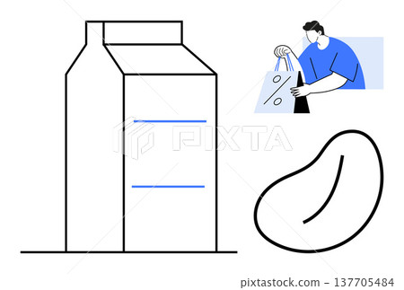 Consumer choices, grocery shopping, packaging, sustainability, retail concepts, product design. Milk carton, person holding shopping bag bean graphic. Consumer choices and grocery shopping concept Consumer choices, grocery shopping, packaging, sustainability, retail concepts, product design. Milk carton, person holding shopping bag bean graphic. Consumer choices and grocery shopping concept 137705484