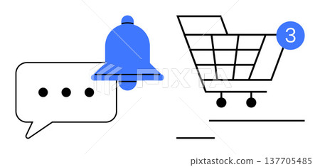 Online shopping, notifications, user interaction, e-commerce, digital alerts, retail. Message bubble, bell shopping cart with notification badge. Online shopping and notifications concept Online shopping, notifications, user interaction, e-commerce, digital alerts, retail. Message bubble, bell shopping cart with notification badge. Online shopping and notifications concept 137705485