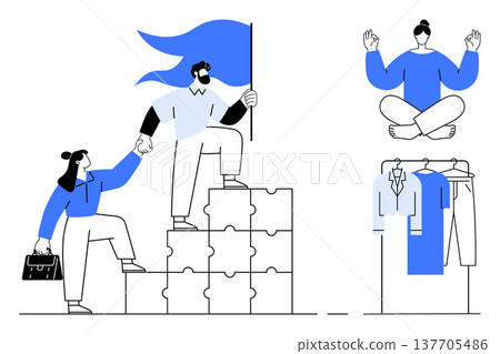 Leadership, career growth, teamwork, mindfulness, wellness, minimalism. Person holding a flag on puzzle blocks, helping another climb. Leadership and career growth concept 137705486