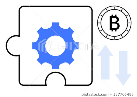 Cryptocurrency, blockchain technology, financial transactions, digital payments, decentralized finance, innovation. Gear within puzzle piece, Bitcoin symbol, arrows showing exchange direction Cryptocurrency, blockchain technology, financial transactions, digital payments, decentralized finance, innovation. Gear within puzzle piece, Bitcoin symbol, arrows showing exchange direction 137705495