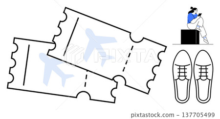 Travel planning, online booking, transportation, leisure trips, tourism, minimal design. Airplane tickets, a woman sitting with a phone and shoes graphic. Travel planning and online booking theme 137705499