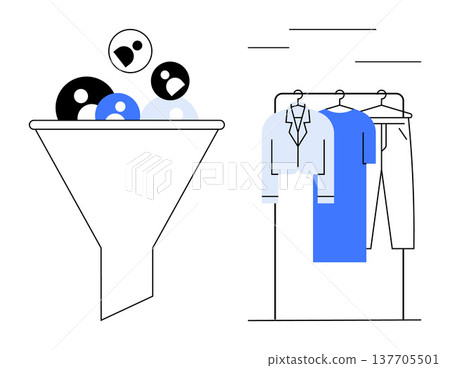 Customer segmentation, marketing strategy, retail analytics, e-commerce, decision-making, clothing selection. Funnel filtering customer groups and hanging clothes. Customer segmentation and marketing 137705501