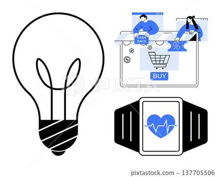 Technology advancement, e-commerce, health tracking, digital tools, online transactions, innovation. Lightbulb, online shopping cart smartwatch with heartbeat symbol. Technology advancement Technology advancement, e-commerce, health tracking, digital tools, online transactions, innovation. Lightbulb, online shopping cart smartwatch with heartbeat symbol. Technology advancement 137705506