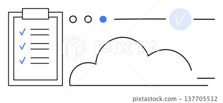 Cloud storage, data management, productivity tools, checklists, digital solutions, technology systems. Graphic of a checklist, cloud and verification symbol. Cloud storage and data management Cloud storage, data management, productivity tools, checklists, digital solutions, technology systems. Graphic of a checklist, cloud and verification symbol. Cloud storage and data management 137705512