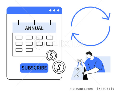Subscription models, e-commerce, financial planning, recurring payments, online services, shopping. Illustration with a calendar, subscribe button and shopping bag. Subscription models 137705515