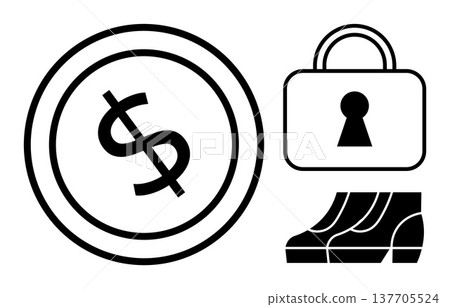 Financial security, online transactions, data protection, e-commerce, payment safety, digital banking. Dollar symbol, padlock and steps icon in minimalist design. Financial security and online 137705524