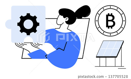 Renewable energy, cryptocurrency, technology, innovation, problem-solving, sustainability. A woman holding a gear puzzle piece with Bitcoin and solar panel icons. Renewable energy and cryptocurrency 137705528