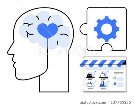 Mental health, innovation, problem-solving, technology, online shopping, cognitive development. Human head with brain and heart, gear puzzle e-commerce design. Mental health and innovation Mental health, innovation, problem-solving, technology, online shopping, cognitive development. Human head with brain and heart, gear puzzle e-commerce design. Mental health and innovation 137705530