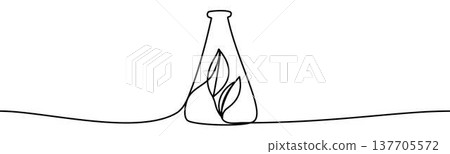 Chemical Flask with Plant Leaves, minimalist ecological and environmental concept symbol, continuous line design, isolated on transparent background, vector illustration Chemical Flask with Plant Leaves, minimalist ecological and environmental concept symbol, continuous line design, isolated on transparent background, vector illustration 137705572