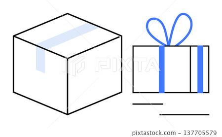 Online shopping, parcel delivery, logistics, e-commerce, gift exchange, celebration. Simple line art of a box and a wrapped gift. Online shopping and parcel delivery concept 137705579