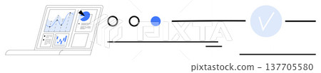 Business analysis, data security, digital verification, online systems, user interface, minimalist design. A laptop with charts and a checkmark symbol on a clean layout. Data security and business Business analysis, data security, digital verification, online systems, user interface, minimalist design. A laptop with charts and a checkmark symbol on a clean layout. Data security and business 137705580